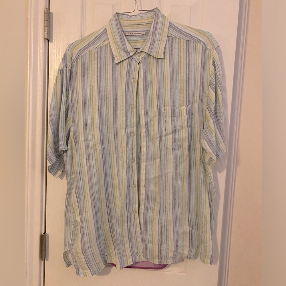 Linea dome’ Blue, yellow, white striped linen button down size L